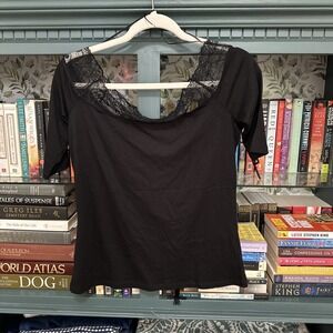 NWT Michael Kors Black Sheer Short Sleeve Blouse With Lace Trim At Neckline M